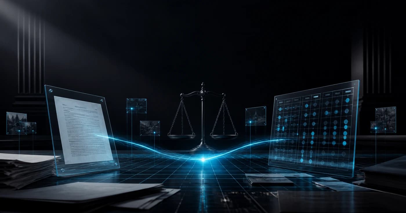 Evidence exhibits, balanced scales, and an analytical matrix in a dark courtroom